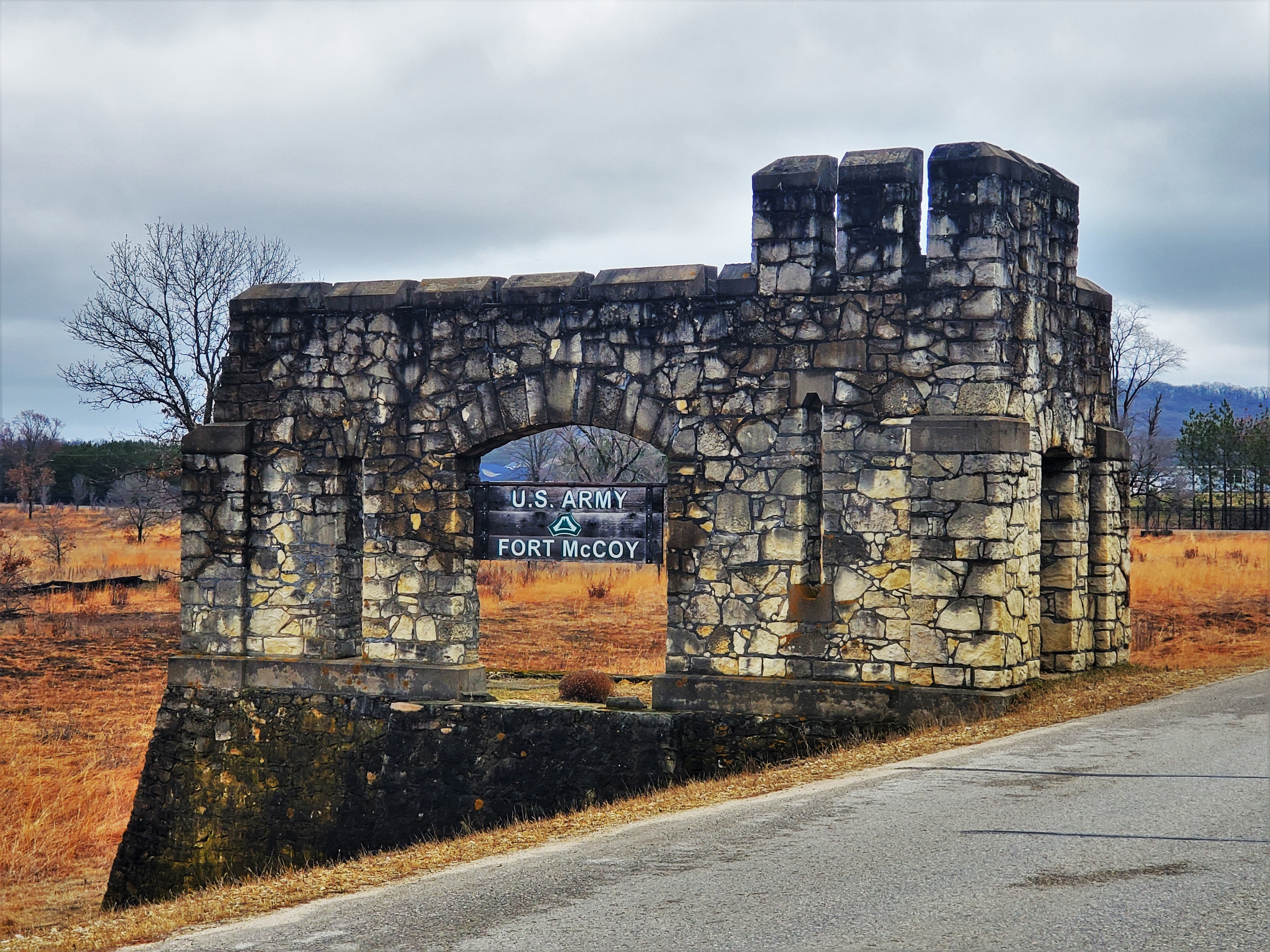 A photo of a gate section built by the Works Progress Administration in 1941 on South Post near the housing area at Fort McCoy, Wisconsin.