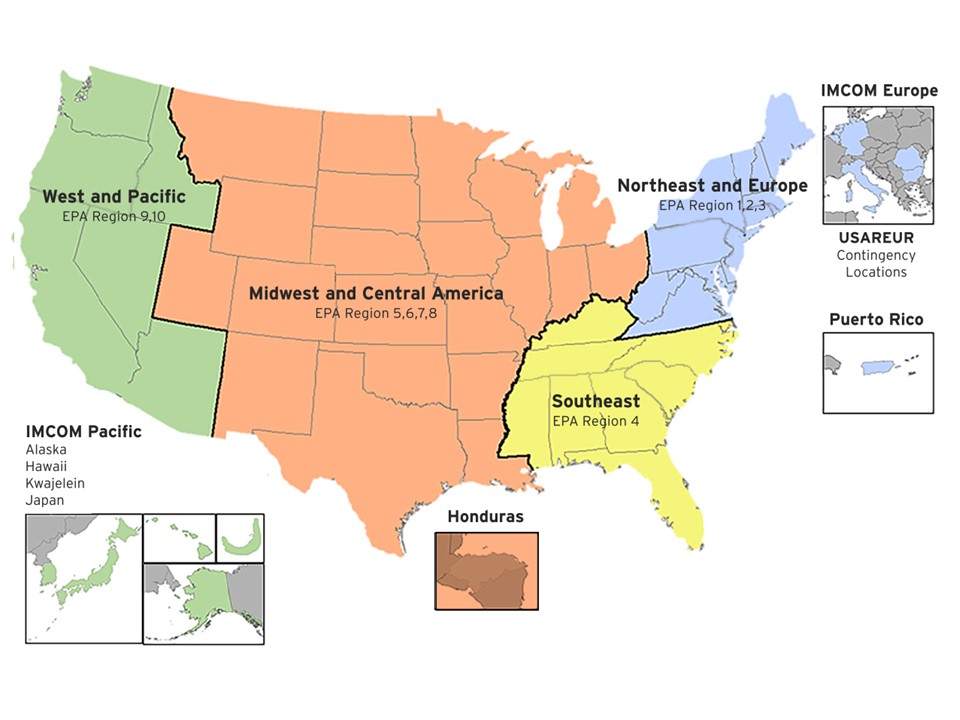 A map (with states outlined) of the U.S. showing by color which USAEC division is responsible for which region of the U.S. Includes inserts of  Europe, Puerto Rico, Alaska, Hawaii, Kwajalein, Japan and Honduras.